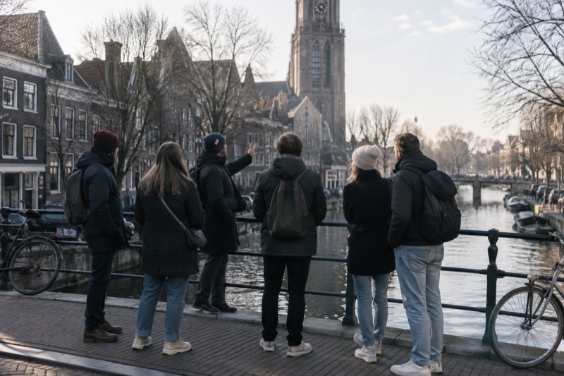 A small group of six listening to a guide on a quiet canal bridge with a tall brick church tower rising behind them, Amsterdam, Netherlands