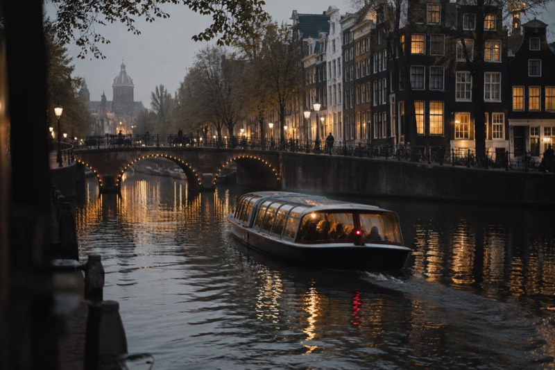 A canal boat moving through the dark with the lit windows of gabled houses and the lights strung along the bridges reflected on black water, Amsterdam, Netherlands