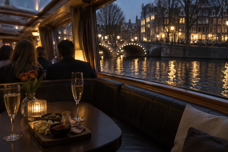 The interior of a smart canal boat with leather bench seating, a tray of small bites and tall glasses on the table, wide windows onto the water, Amsterdam, Netherlands