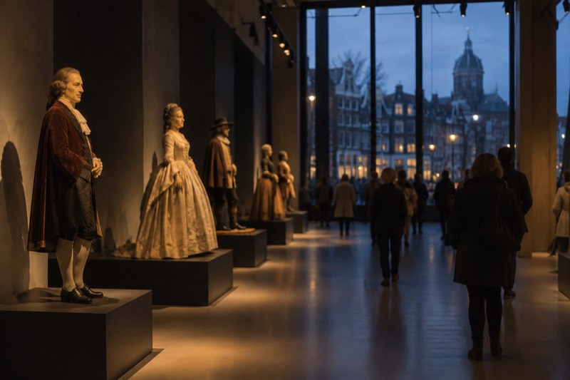 A gallery of lifelike wax figures posed on low plinths under warm spotlights, visitors moving between them, central Amsterdam, Netherlands