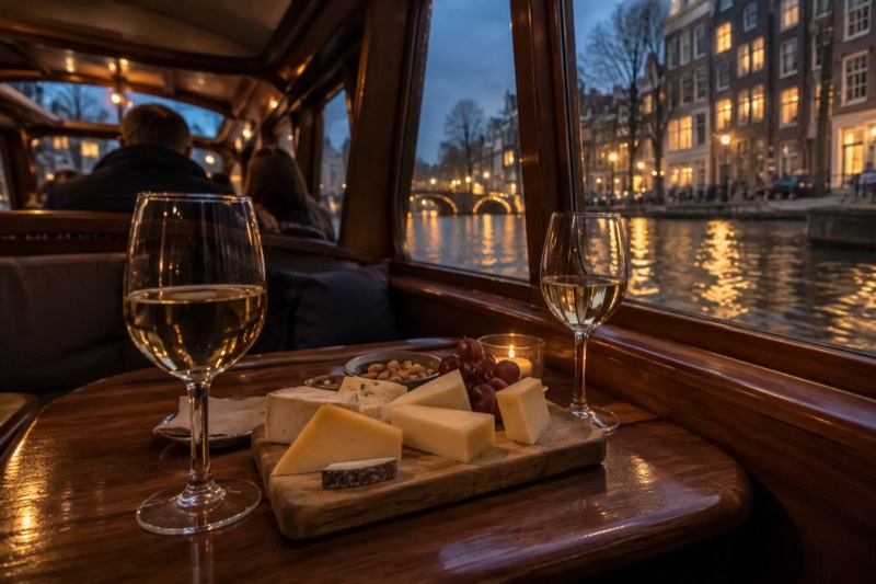 A wooden board of sliced Dutch cheese and two glasses of wine on a small table inside a traditional saloon boat, the canal and brick facades through the window, Amsterdam, Netherlands