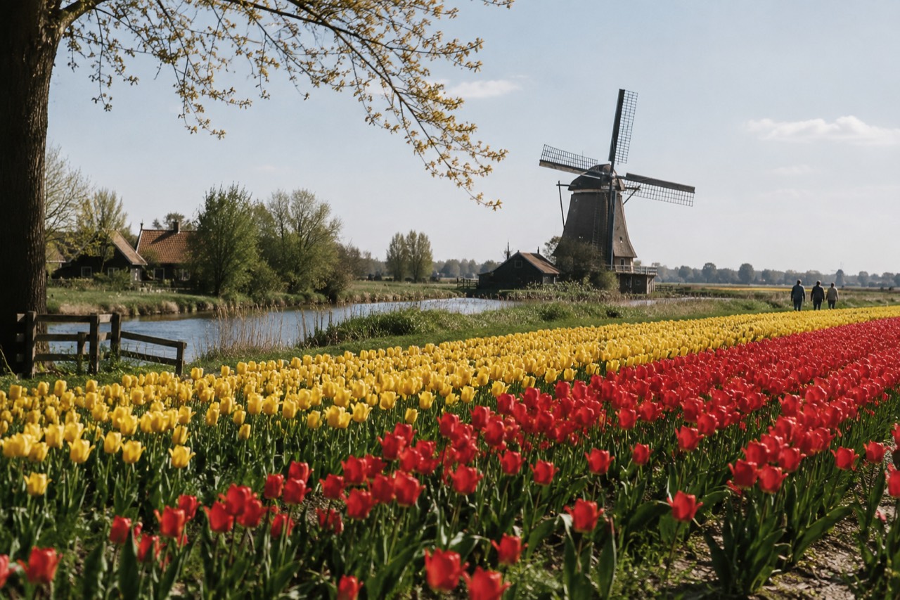 Rows of red and yellow tulips in a field near Amsterdam with a windmill in the distance