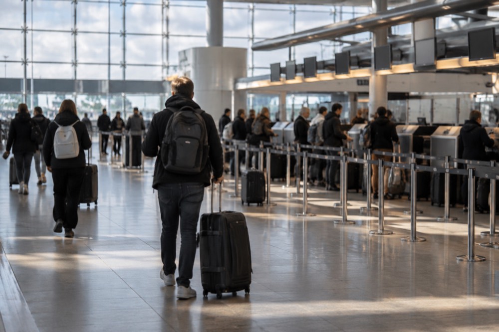 Airport check-in hall with airline desks, queue barriers and departure boards