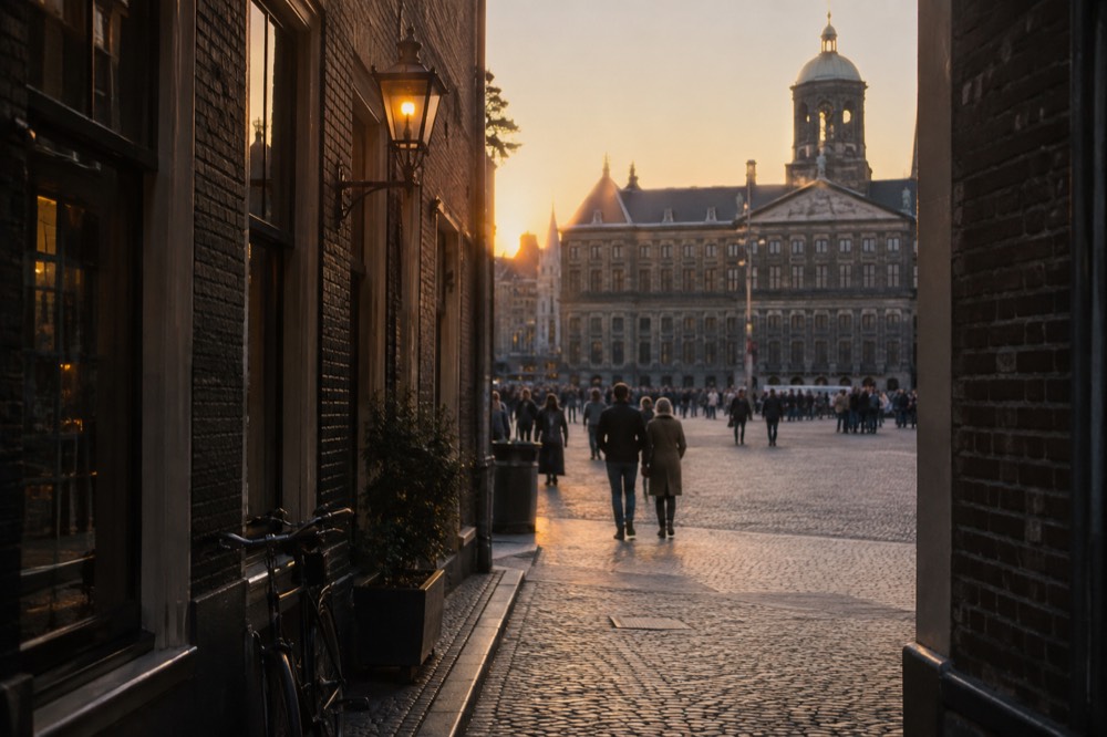 Narrow Amsterdam street with old brick facades and a warm lantern at dusk