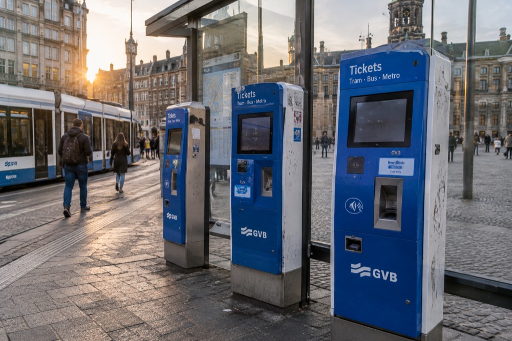 A row of blue and white OV-chipkaart ticket machines on a tram platform