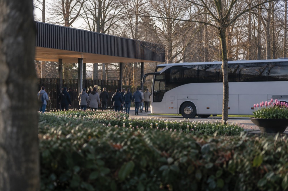 A bus parked at the entrance gates of Keukenhof garden in Lisse