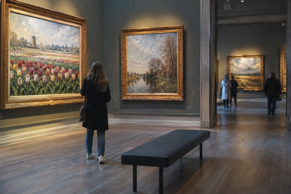A museum gallery with large golden-framed paintings lit from above