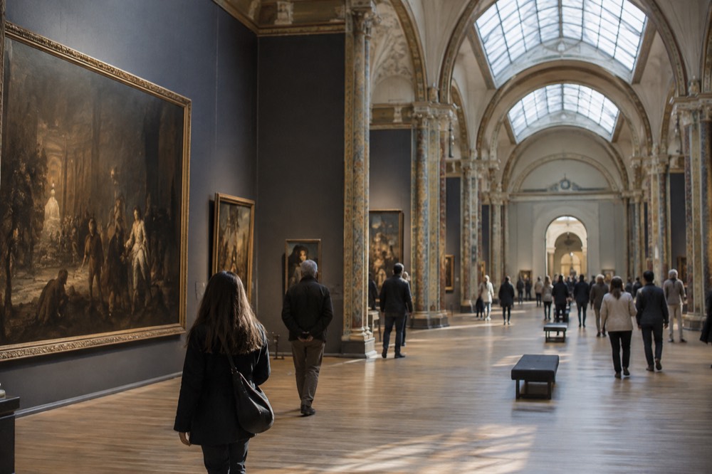 The grand gallery of the Rijksmuseum with visitors walking beside large framed paintings