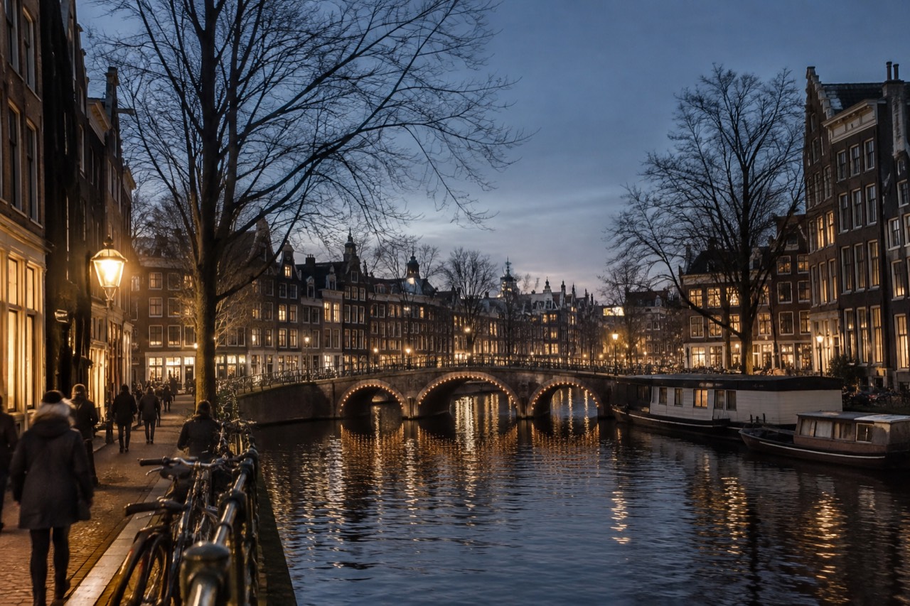 Amsterdam canal houses and bridges lit up on a dark winter evening