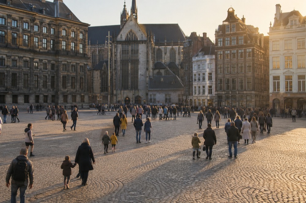 A wide car-free square in Amsterdam with historic gabled buildings and people strolling with children