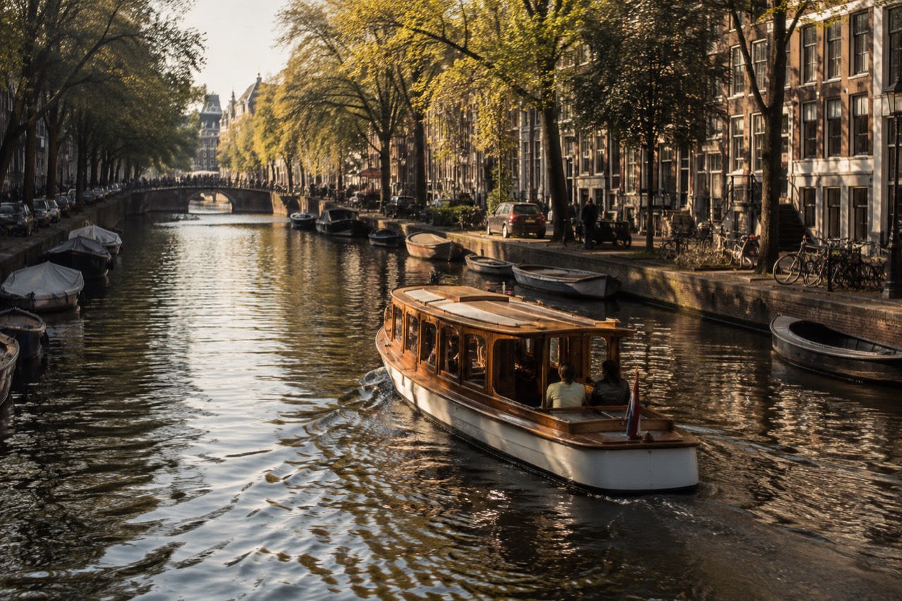 A classic saloon boat cruising along a tree-lined Amsterdam canal at golden hour