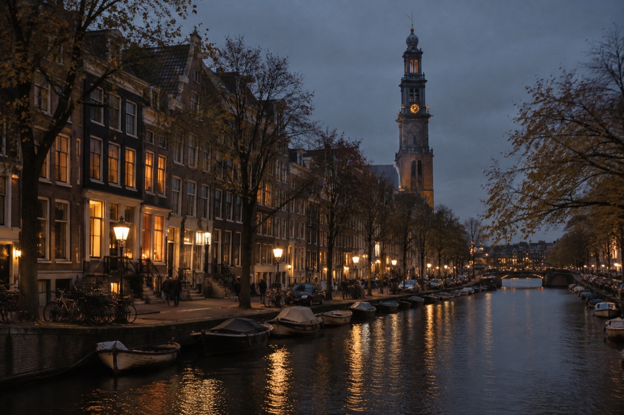 Canal houses along the Prinsengracht with the Westerkerk tower rising above the rooftops