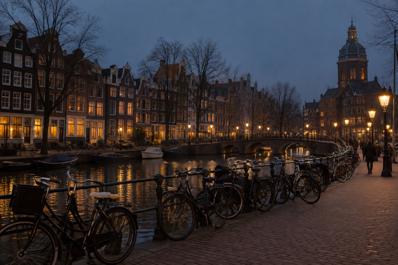 Bicycles parked in rows along an Amsterdam canal with narrow gabled houses behind them