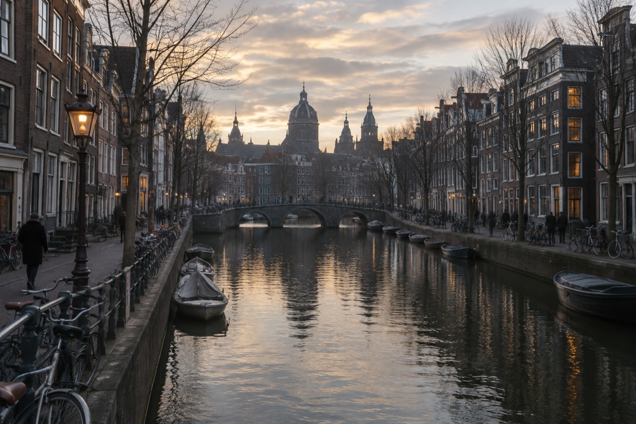 A quiet Amsterdam canal lined with narrow brick houses and bicycles at dusk