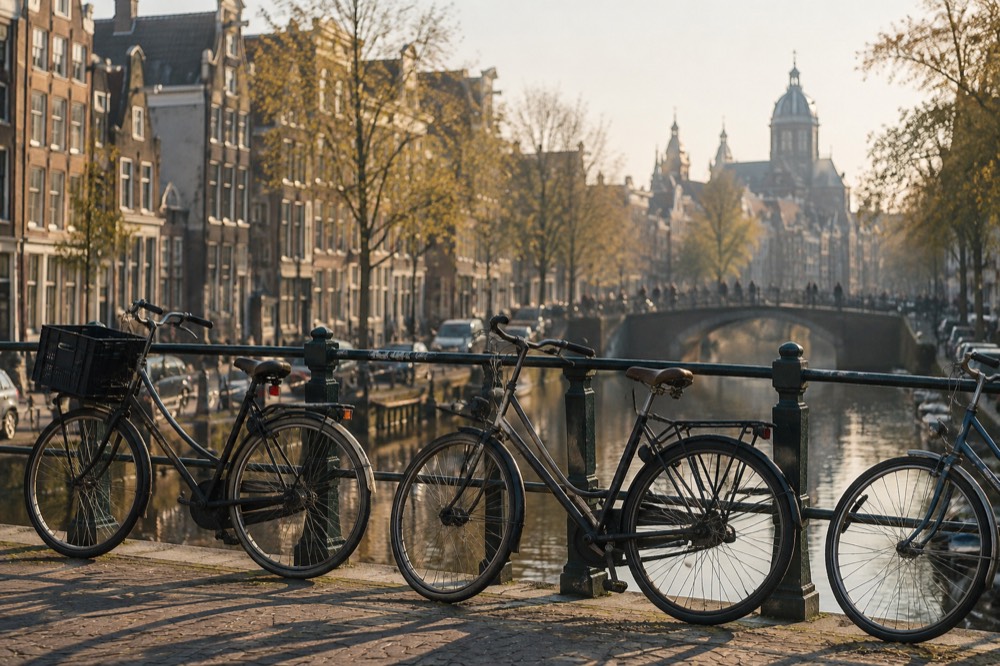 Bicycles parked on a canal bridge with gabled houses in the background