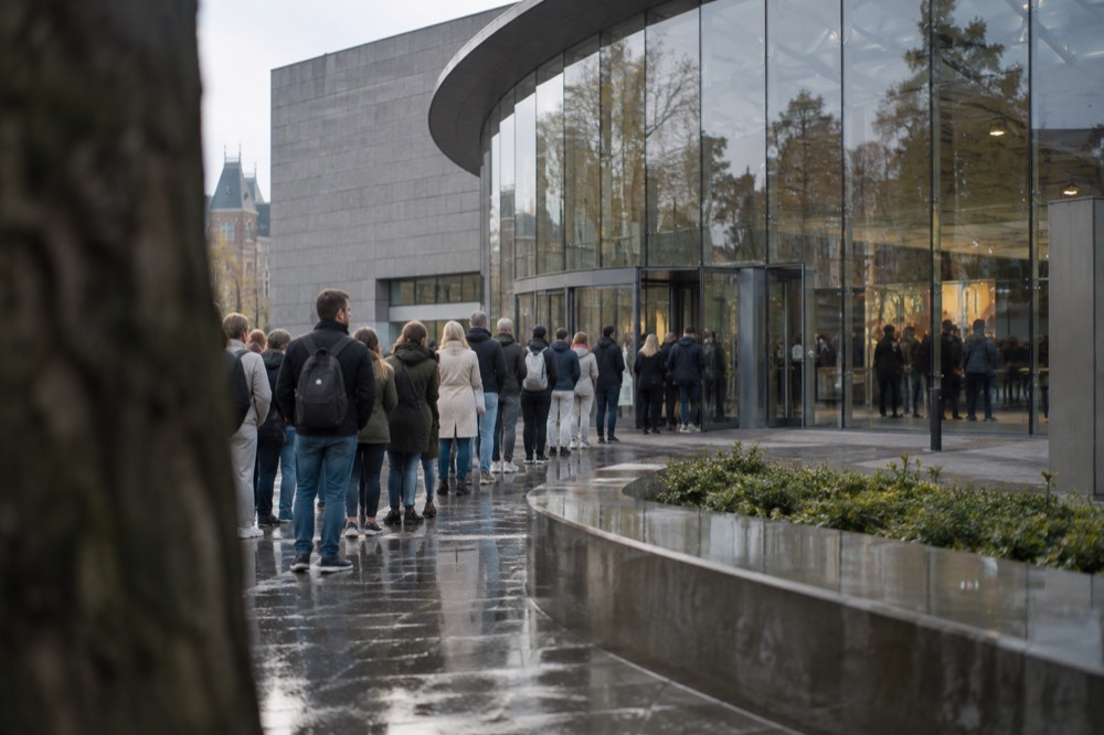 The glass entrance of the Van Gogh Museum with visitors queuing along the pavement on a sunny day