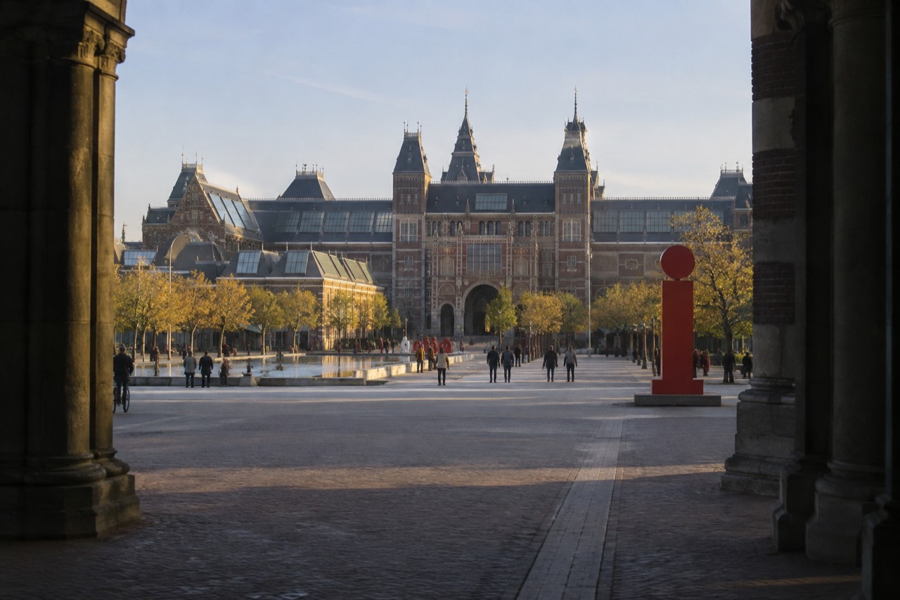 A view of Museumplein with the Rijksmuseum's red-brick facade and the i amsterdam sign under a bright blue sky