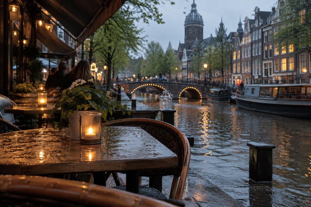 An evening terrace on a canal in Amsterdam with warm lights on the water