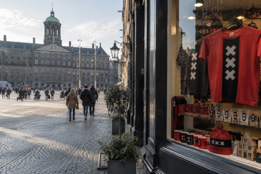 Souvenir shop window in a narrow Amsterdam street displaying shirts and glasses printed with three crosses