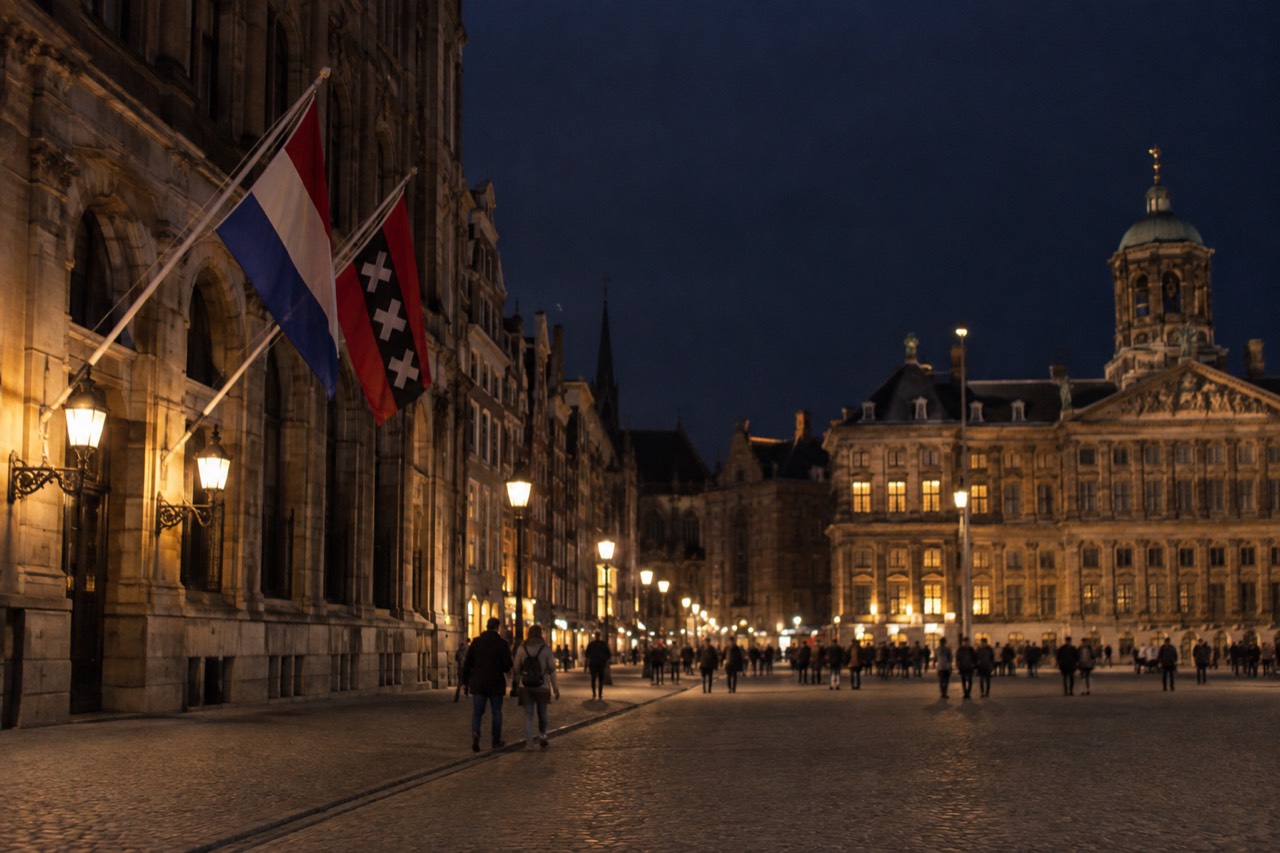 Amsterdam city flag with three white crosses on a black stripe flying beside the red white and blue Dutch tricolour
