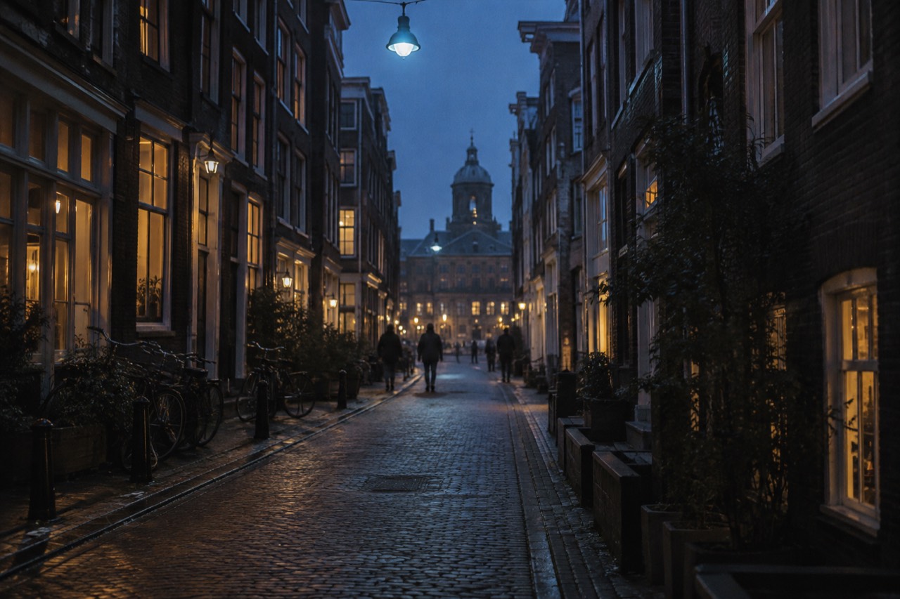 A narrow Amsterdam street at night lit by soft blue lamps above old brick buildings