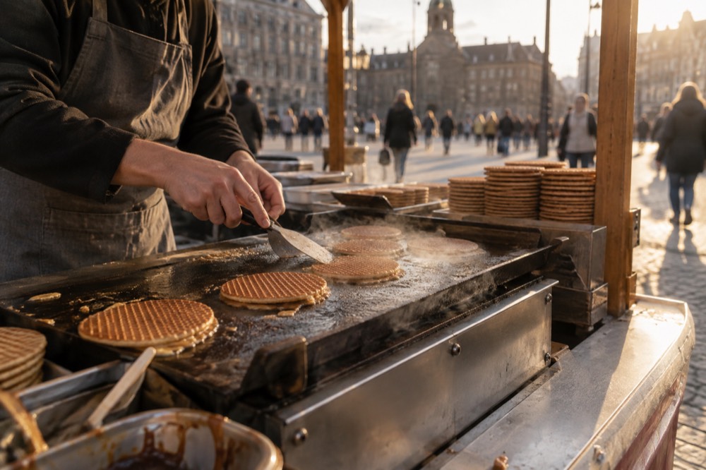 A market stall in Amsterdam pressing fresh stroopwafels on a hot griddle with syrup bubbling between the waffles
