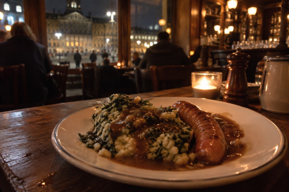 A plate of stamppot with gravy and sausage on a wooden table in a traditional Amsterdam brown cafe