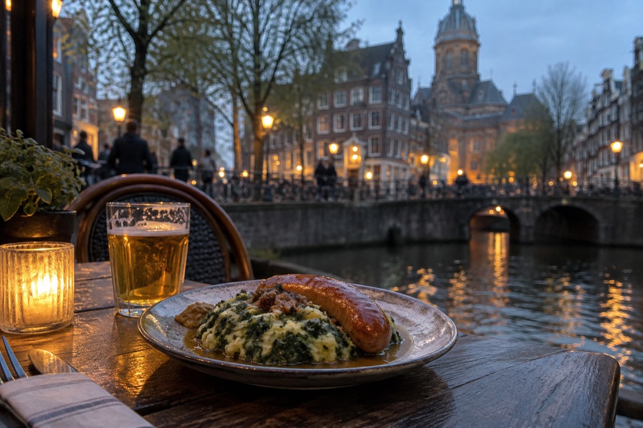 A rustic plate of stamppot with sausage beside a canal-side cafe table in Amsterdam