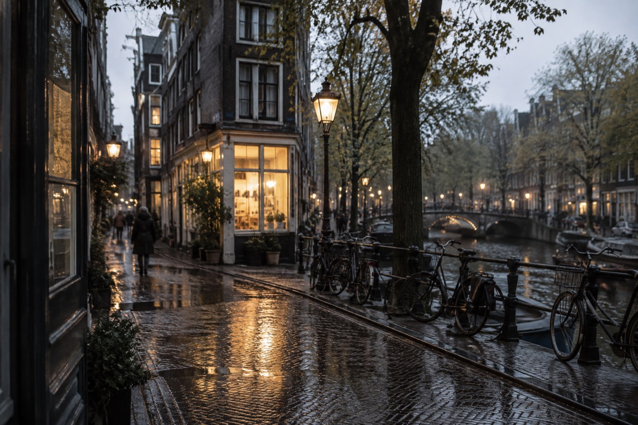 A narrow Amsterdam street at dusk with a small illuminated shopfront and bicycles parked against a canal railing