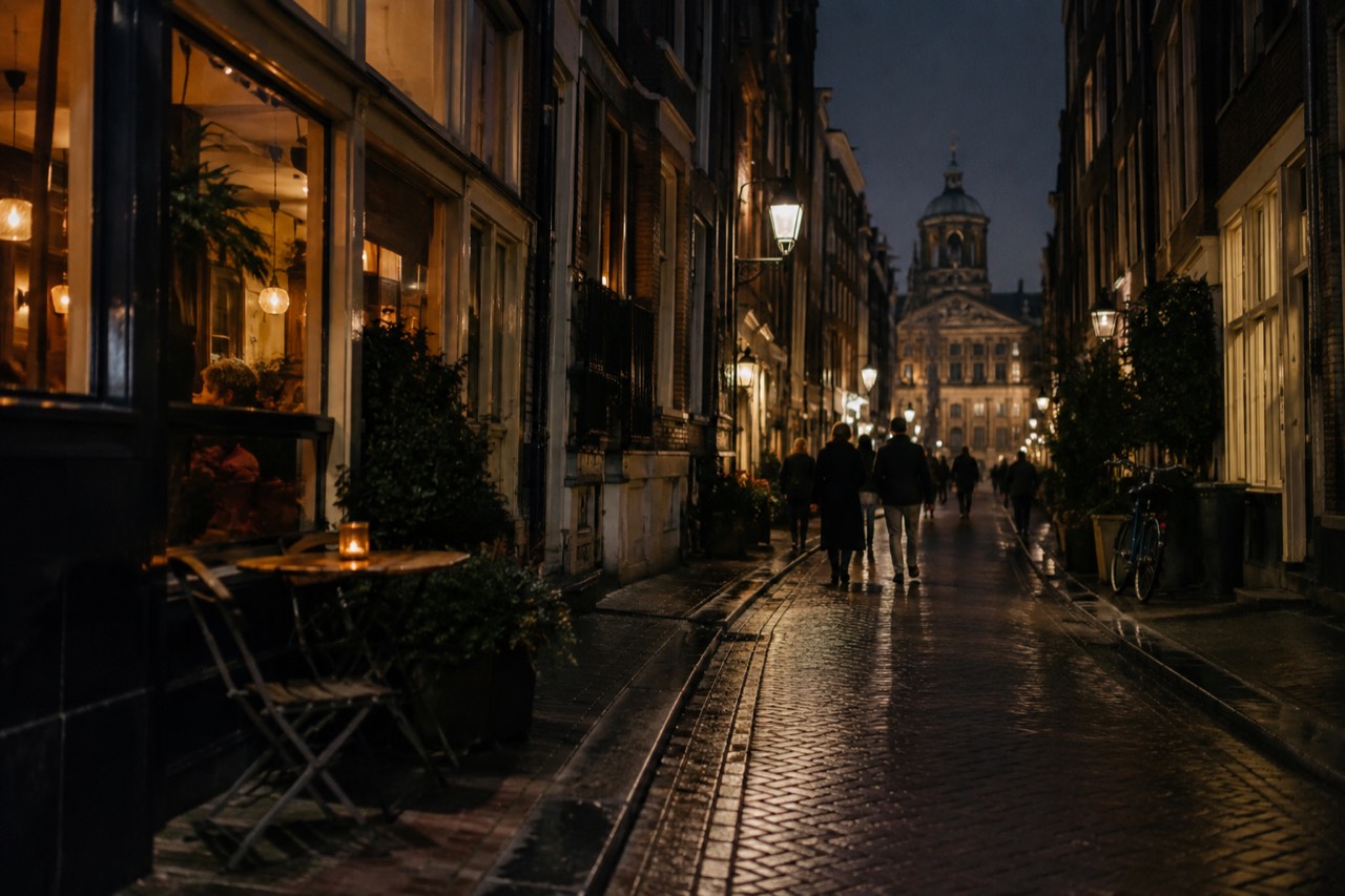 A narrow Amsterdam street with a small illuminated shopfront sign and bicycles parked along the canal railing