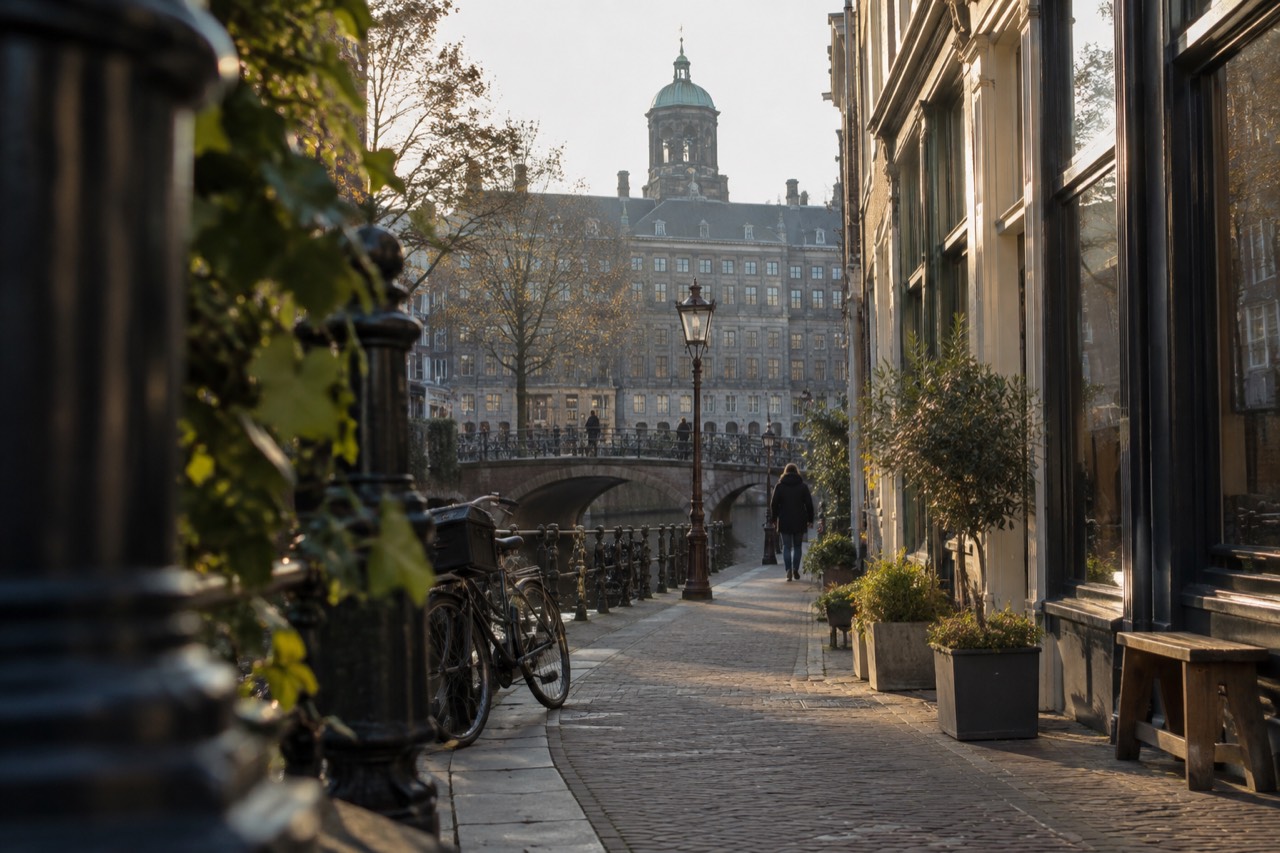 Canal-side boutique storefronts with bicycles parked along a quiet Amsterdam street