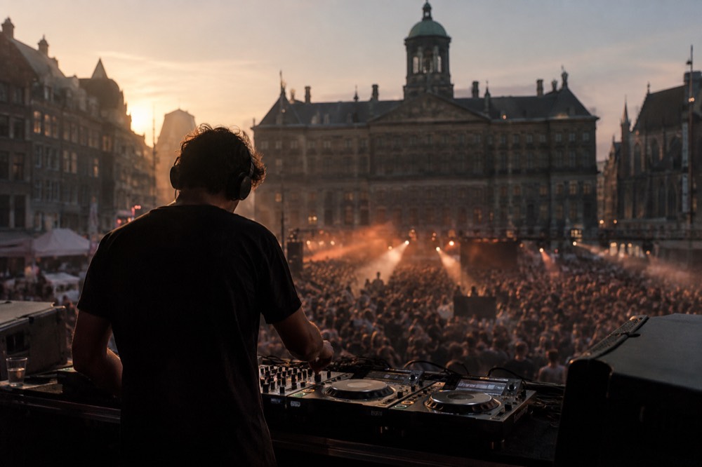 DJ performing behind decks above a packed dance floor lit by beams of light in a dark club