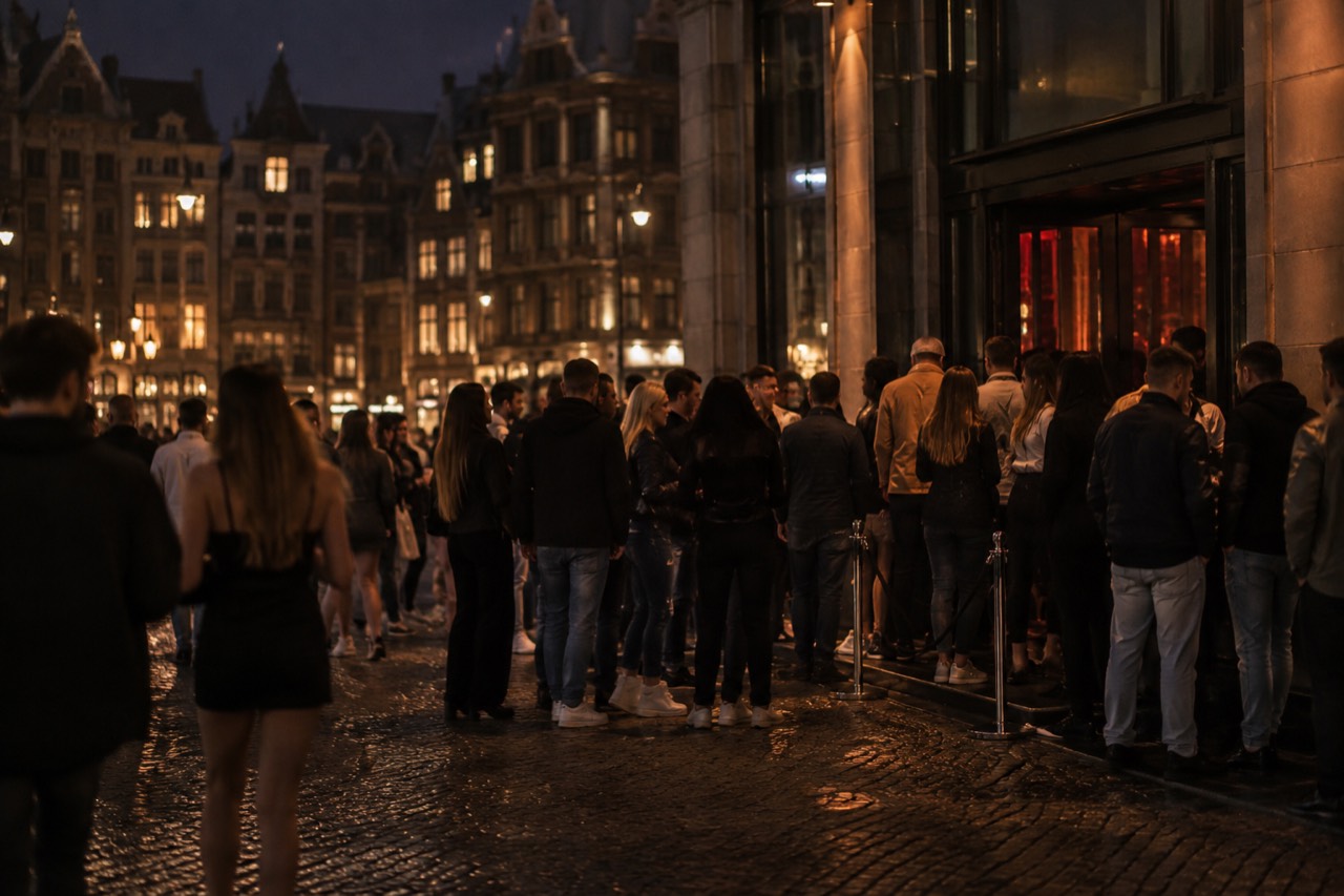 Crowd gathered outside a nightclub entrance in Amsterdam at night with neon signage glowing across the facade