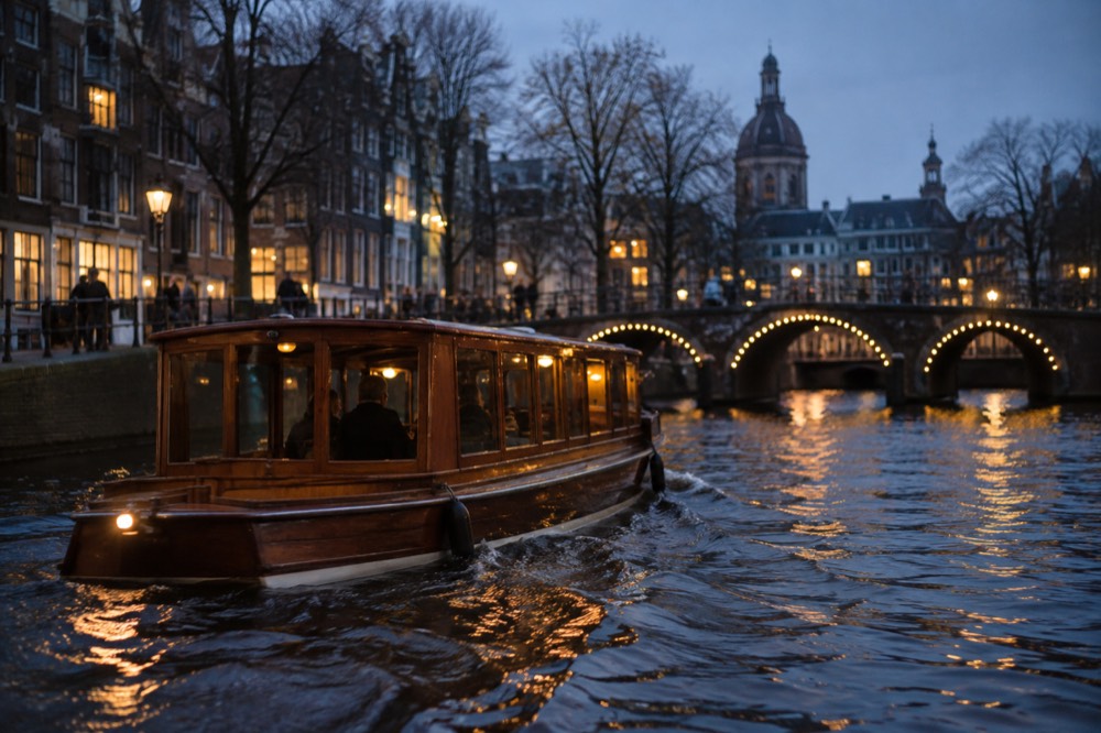 A classic wooden saloon boat cruising an Amsterdam canal at dusk with lit bridges