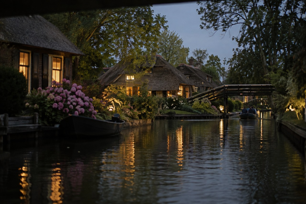 A quiet canal in Giethoorn lined with thatched-roof cottages and small wooden bridges