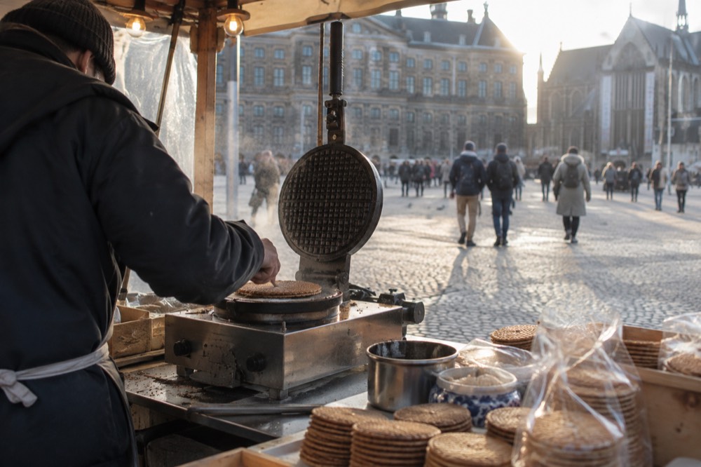 A vendor pressing fresh stroopwafels on a hot iron at an outdoor market stall