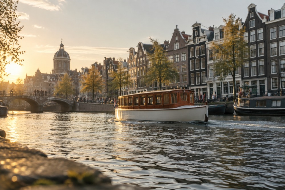 A classic saloon boat passing gabled canal houses on a wide Amsterdam canal