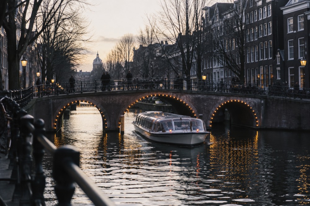 Evening canal cruise boat passing under a lit bridge in the Amsterdam canal ring
