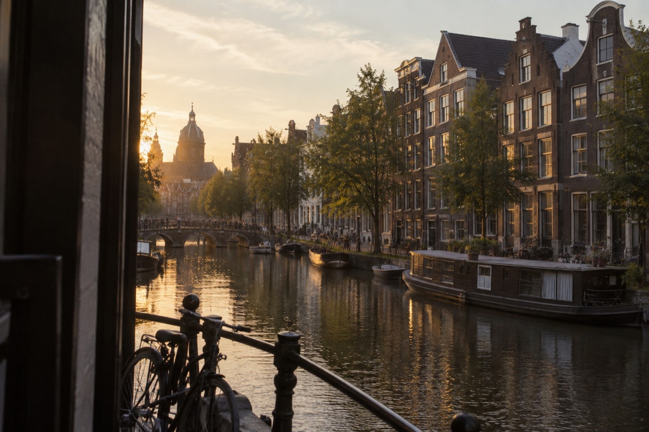 Golden hour light on gabled canal houses along a quiet Amsterdam canal