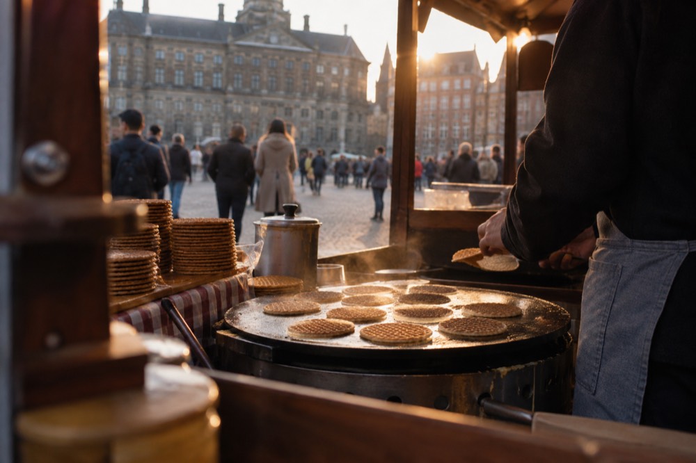 Freshly made stroopwafels cooling on a hot griddle at a market stall
