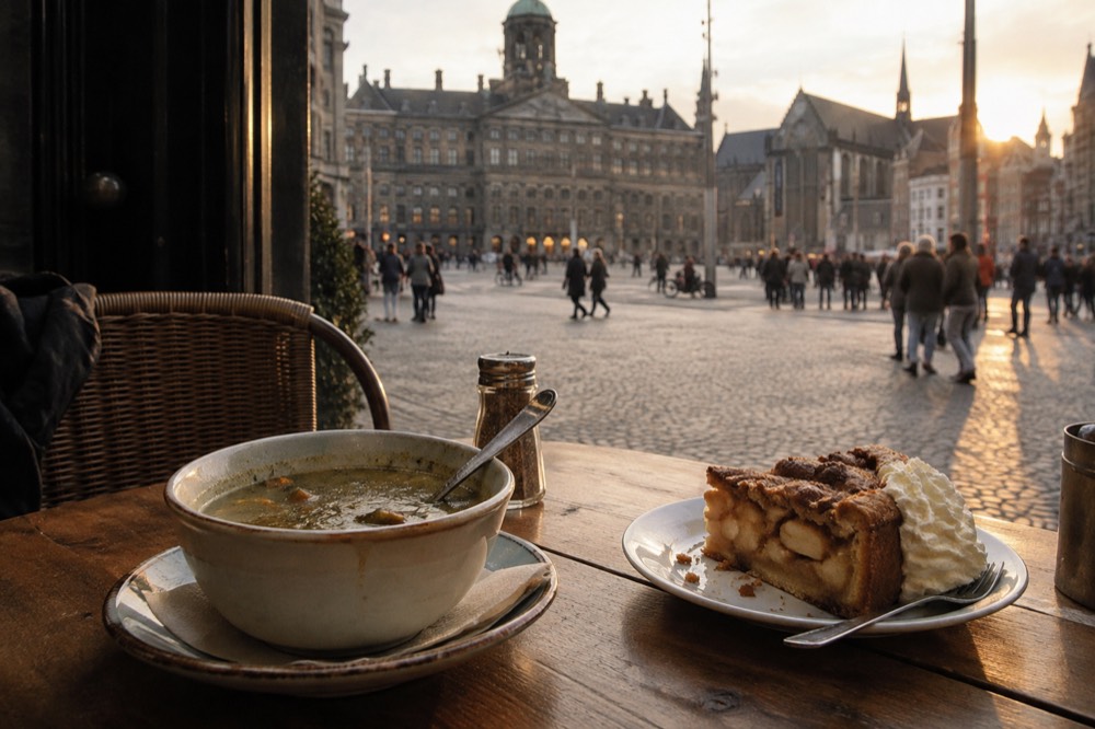 A bowl of pea soup and a slice of apple pie on a wooden café table