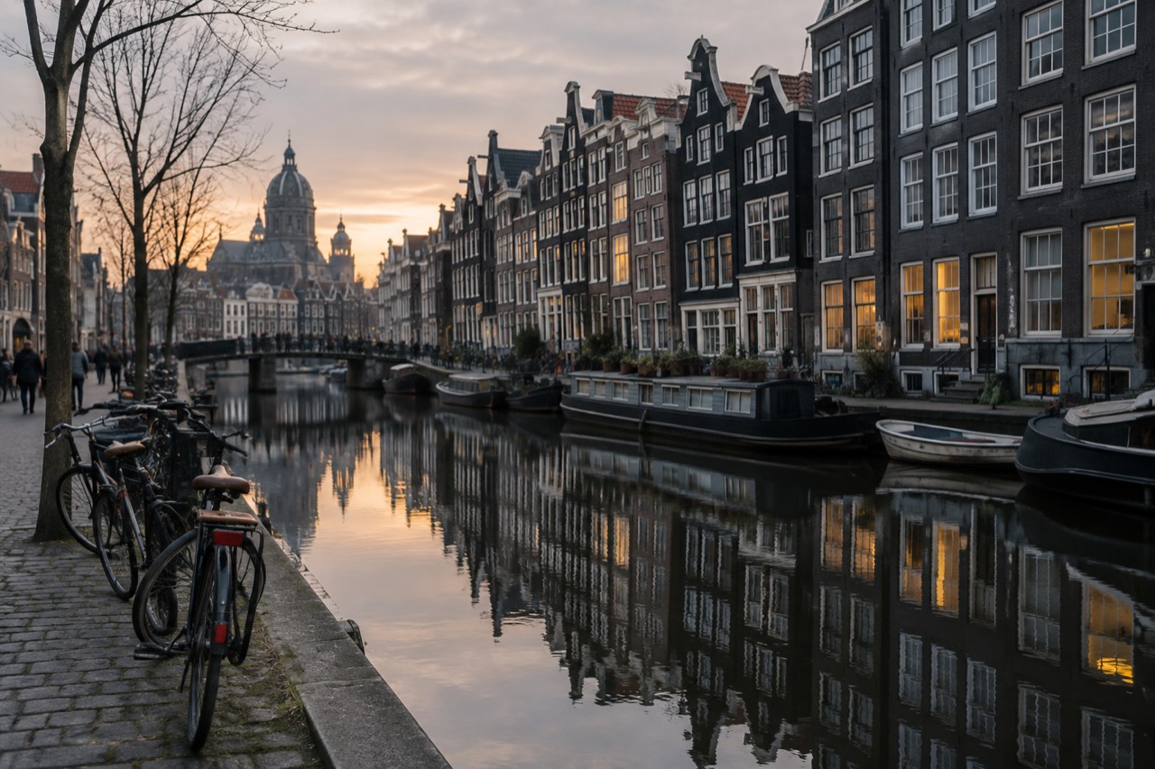 Amsterdam canal houses reflected in still water at golden hour