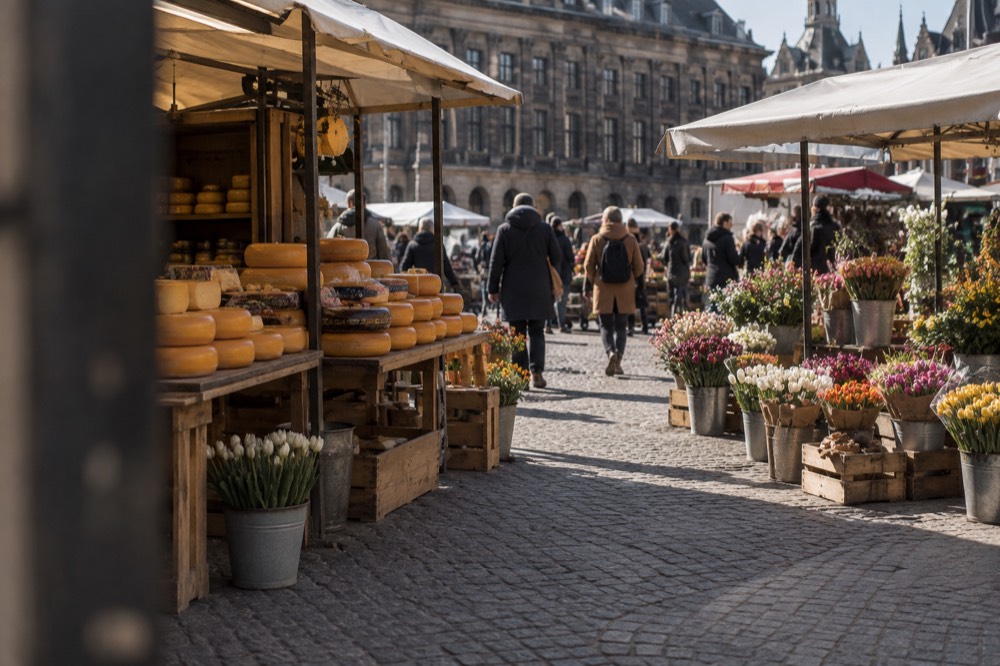 Cheese wheels and flower stalls on a market street in Amsterdam
