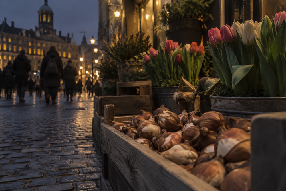 Tulip bulbs in a wooden crate at a flower shop in Amsterdam