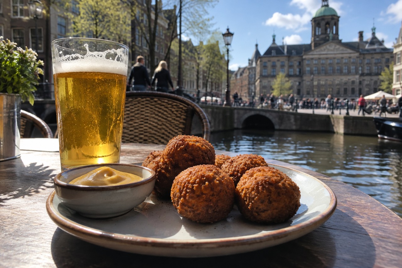 A plate of bitterballen with mustard and a glass of Dutch beer on a canal-side table