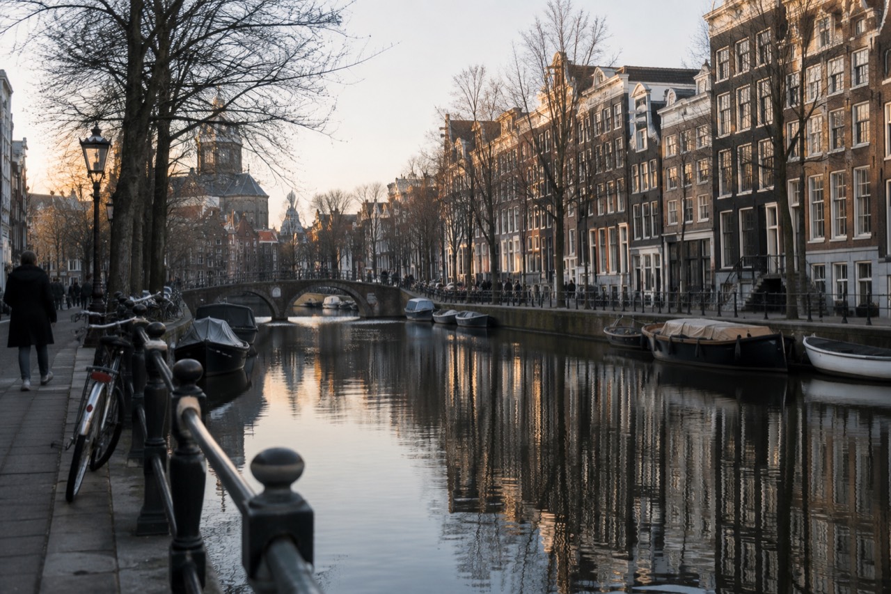 Evening view of Amsterdam canal houses reflected in still canal water
