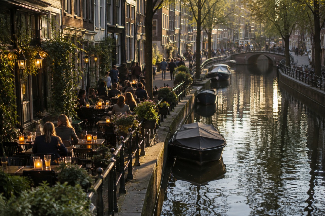 Evening tables and candlelight along a narrow Amsterdam canal street