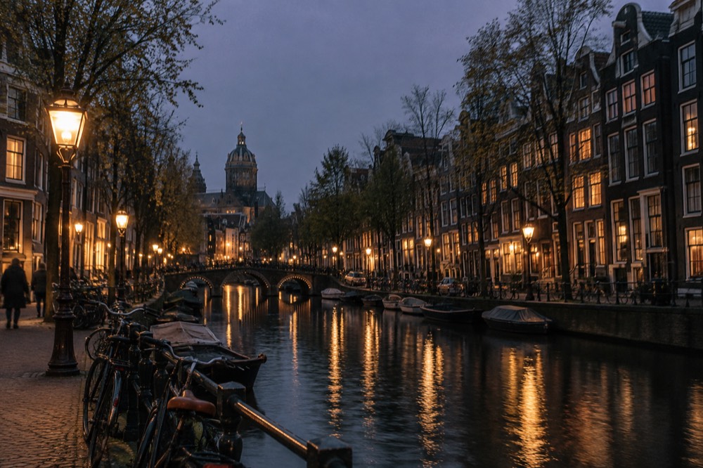 A quiet Amsterdam canal lined with narrow gabled houses and parked bicycles