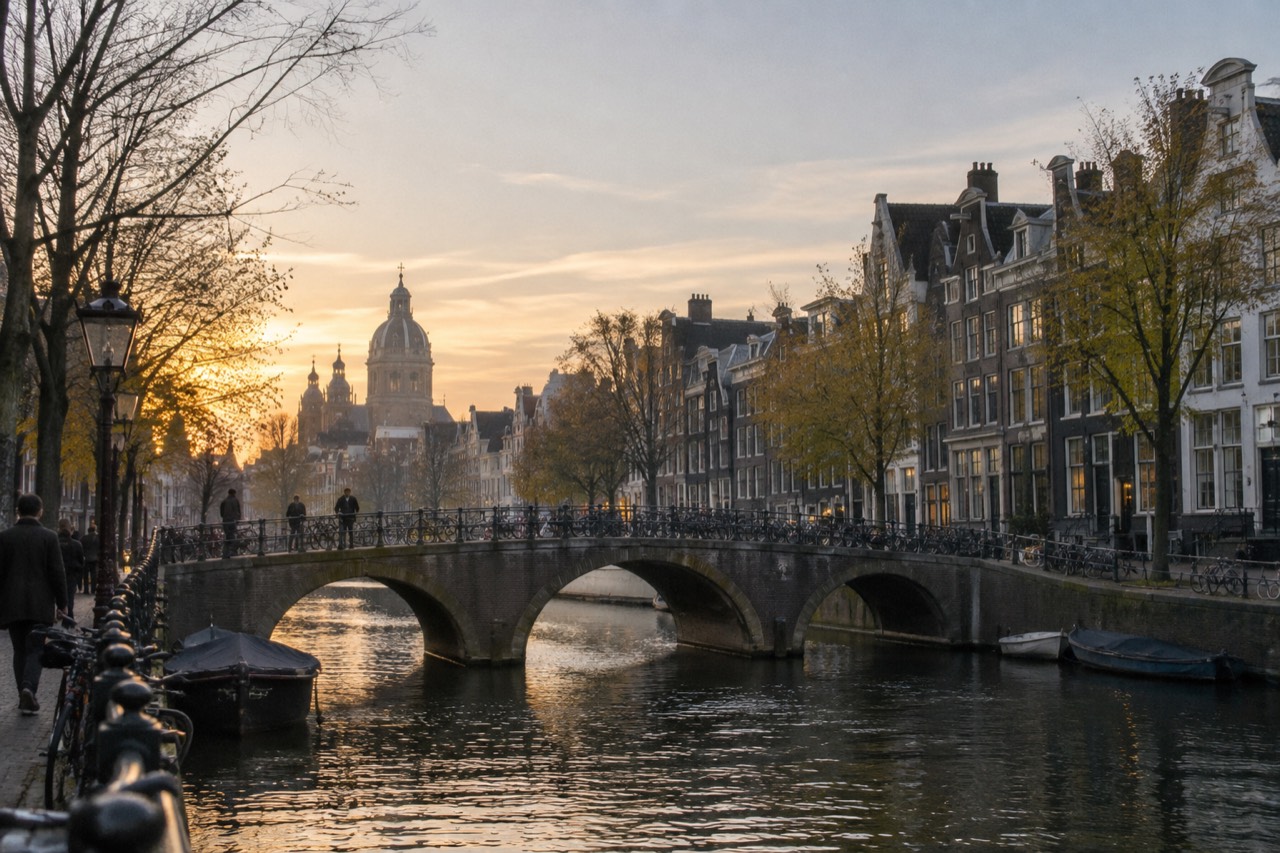 Canal houses and a bridge over an Amsterdam canal at dusk