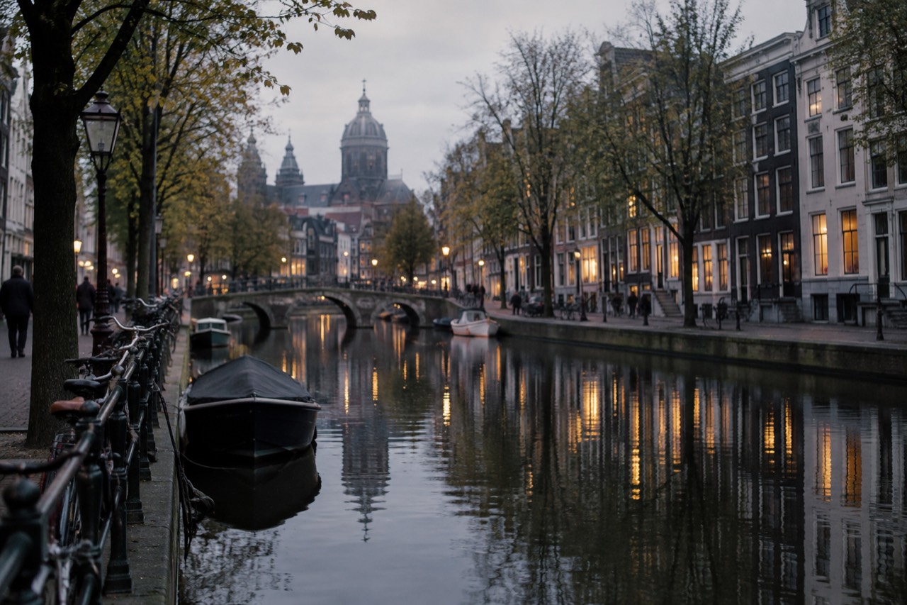 Canal houses and trees reflected in an Amsterdam canal at dusk